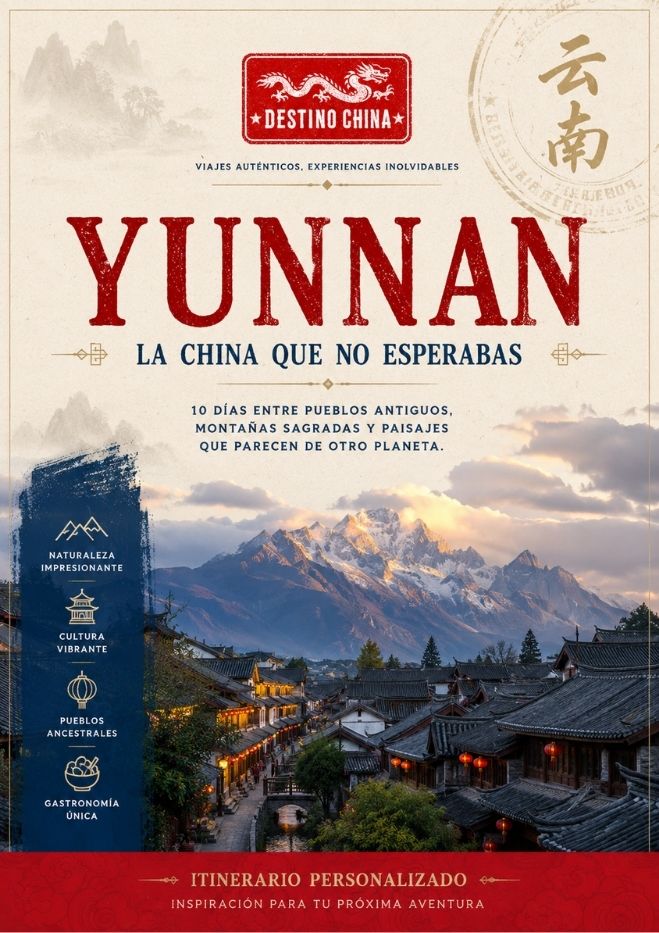Cartel promocional de la agencia de viajes "Destino China" titulado "YUNNAN, la China que no esperabas".