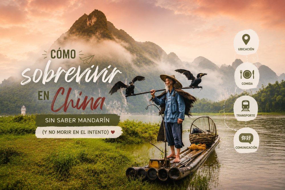 Portada de un blog de viajes sobre China con un pescador tradicional en una balsa de bambú sobre un río rodeado de montañas kársticas y niebla. La imagen incluye el título "Cómo sobrevivir en China sin saber mandarín (y no morir en el intento)" y representa consejos para viajar por China sin hablar el idioma.